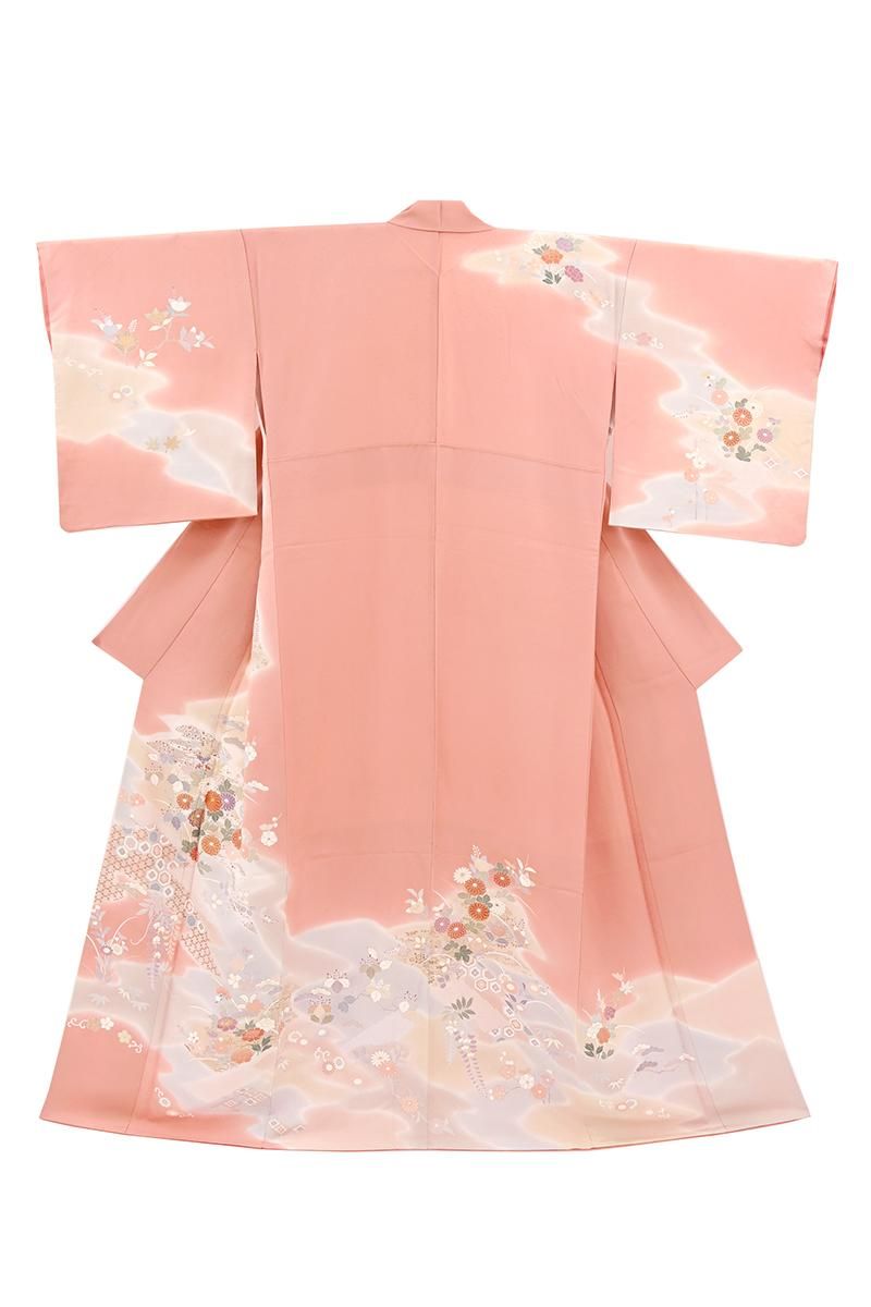 銀座【B-4382】訪問着 浅緋色 松皮菱に四季花文 :身丈157/裄66.5/細め