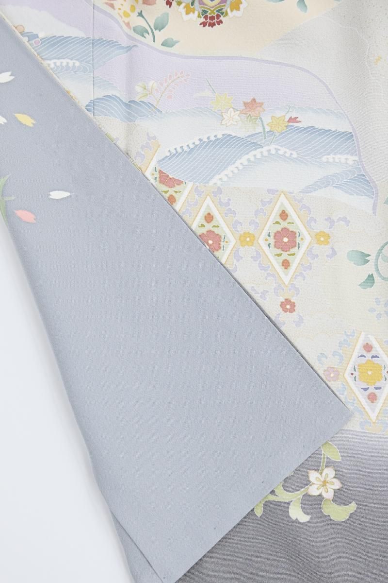 銀座【B-4383】京友禅作家 坂井修作 訪問着 灰青色 華文や花唐草など