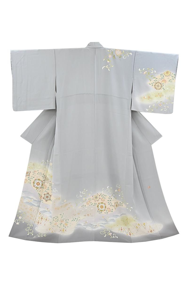 銀座【B-4383】京友禅作家 坂井修作 訪問着 灰青色 華文や花唐草など