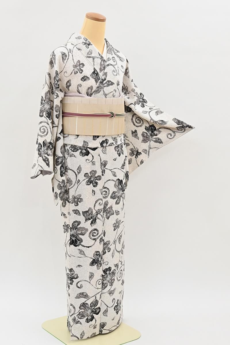 銀座【D-3978】菱一製 小紋 生成色 唐草文（反端付） :身丈160.5/裄68