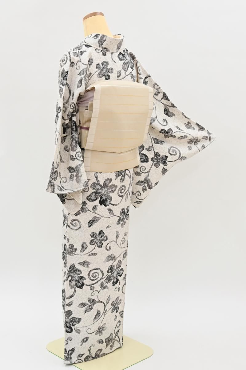 銀座【D-3978】菱一製 小紋 生成色 唐草文（反端付） :身丈160.5/裄68