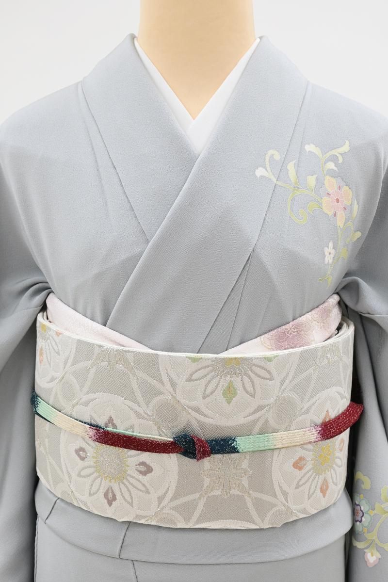 銀座【L-8634】西陣製 袋帯 銀色 七宝華文（証紙付） - 銀座きもの青木