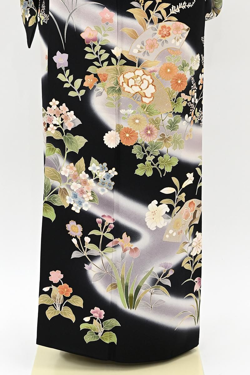 銀座【B-4374】訪問着 黒色 流水と扇面に四季花：身丈151/裄64/細め