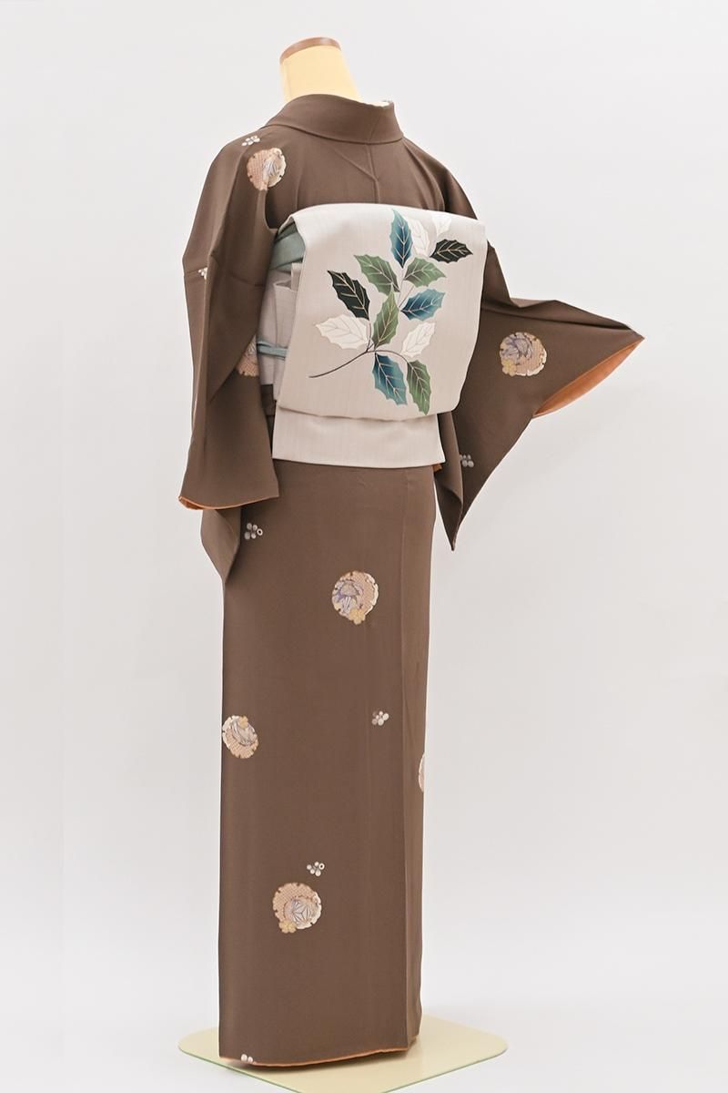 銀座【D-3975】小紋 柴染色 鞠に雪輪重ねの丸 :身丈153.5/裄64.5/細め