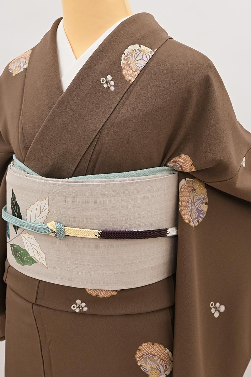 銀座【D-3975】小紋 柴染色 鞠に雪輪重ねの丸 :身丈153.5/裄64.5/細め