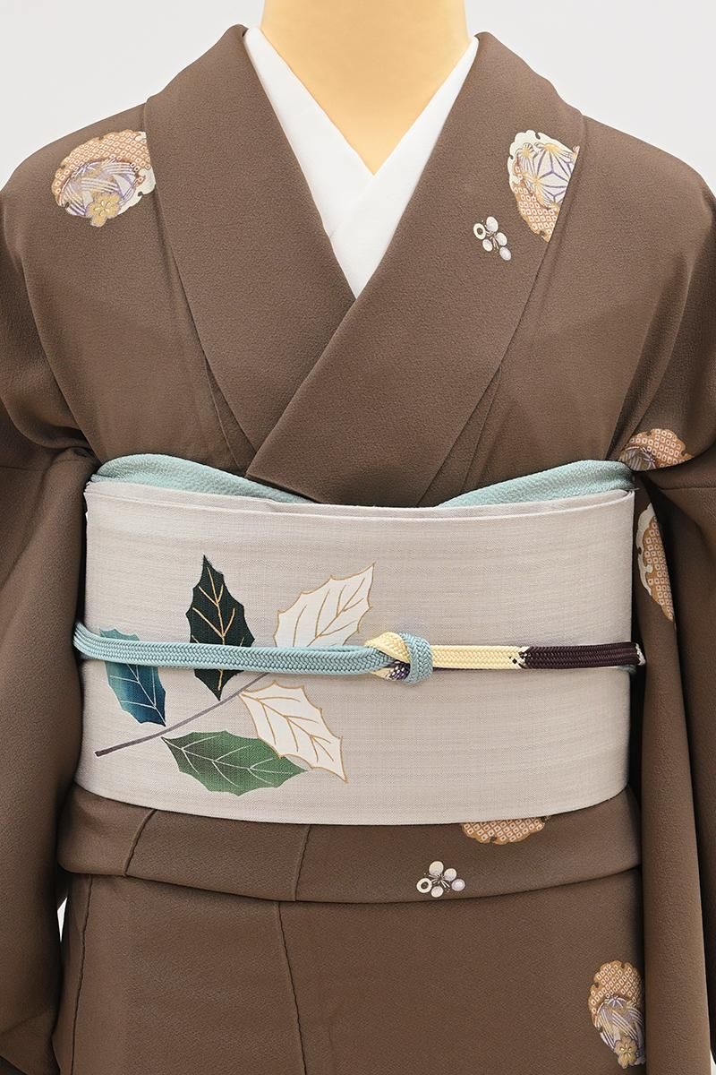 銀座【H-0910】紬地 染名古屋帯 絹鼠色 枝葉文 - 銀座きもの青木｜長く