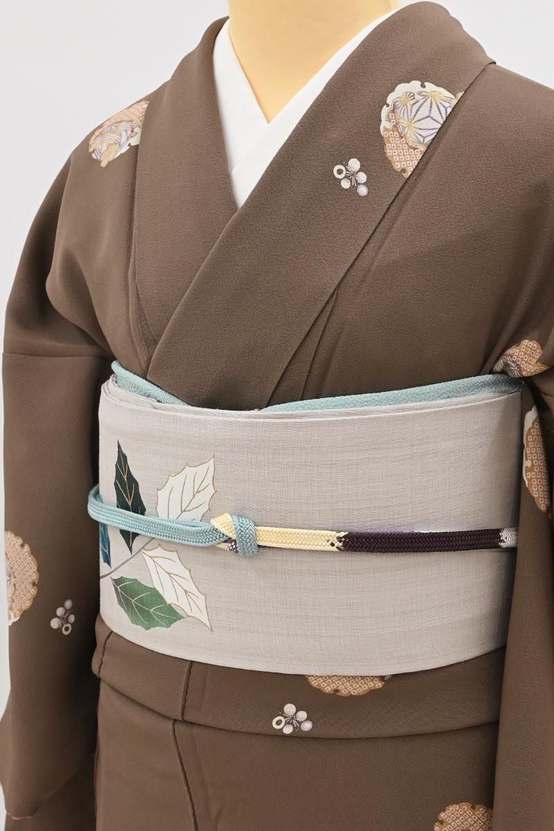 銀座【H-0910】紬地 染名古屋帯 絹鼠色 枝葉文 - 銀座きもの青木｜長く