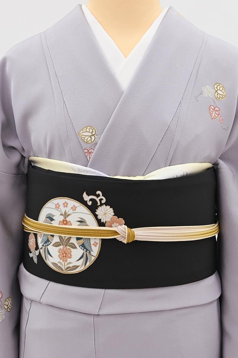 銀座【H-0911】塩瀬地 染名古屋帯 黒色 双鳥鏡裏文 - 銀座きもの青木