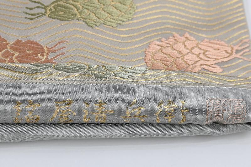 銀座【L-8624】西陣 陰山織物製 箔屋清兵衛 袋帯 蕎麦切色 荒磯文