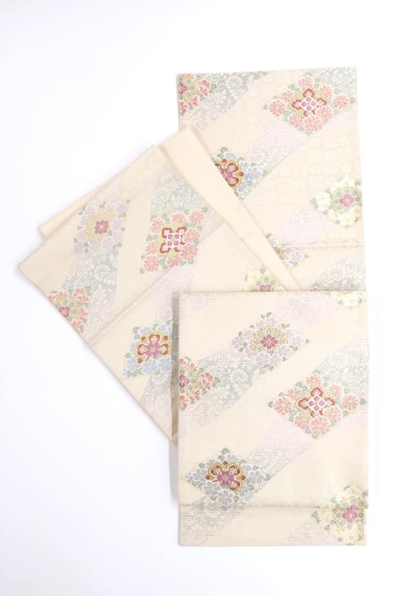 銀座【L-8630】袋帯 象牙色 斜め段に花菱文 - 銀座きもの青木｜長く