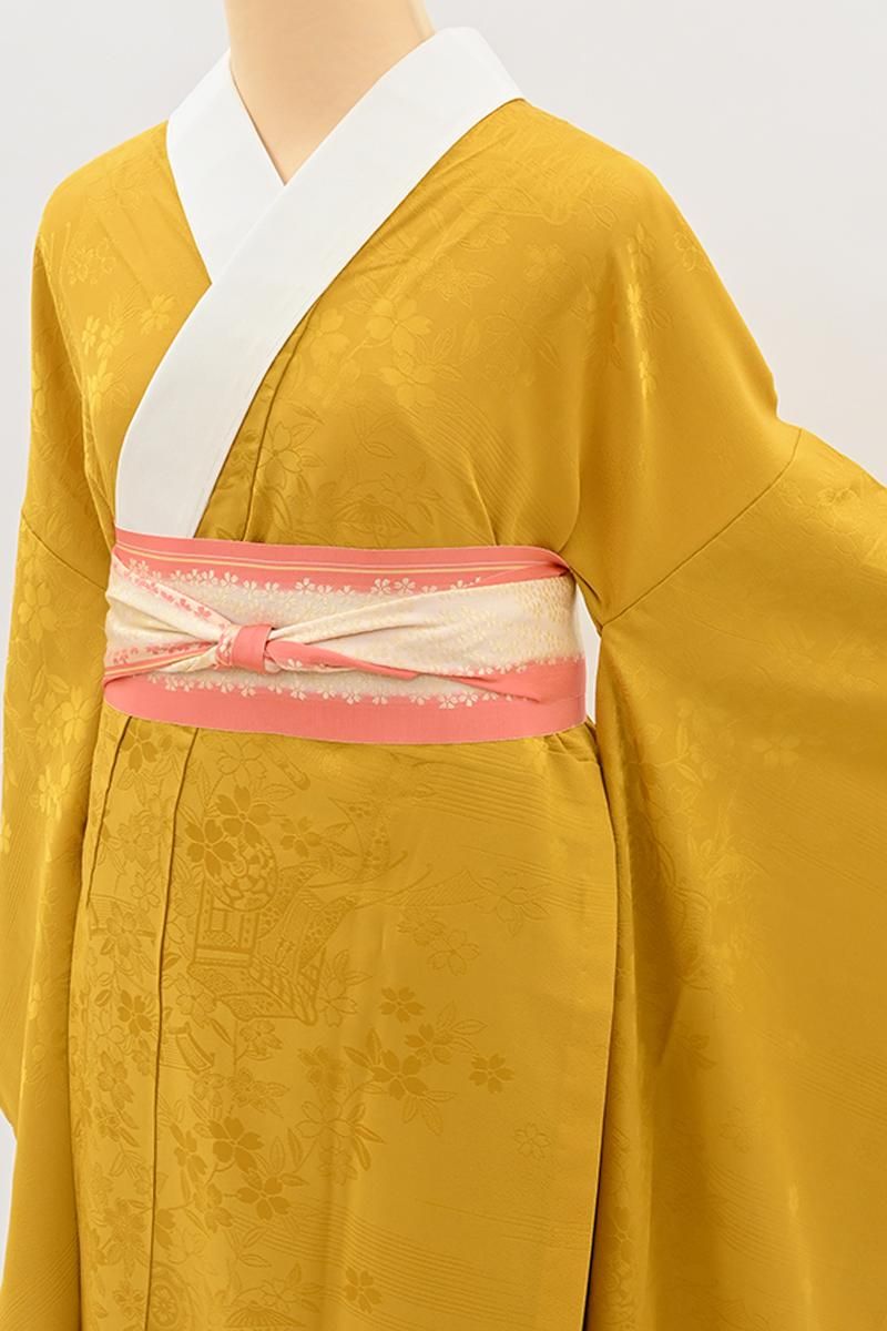 銀座【F-677】振袖用長襦袢 黄金色 御所解の地紋 :身丈126/裄69 - 銀座