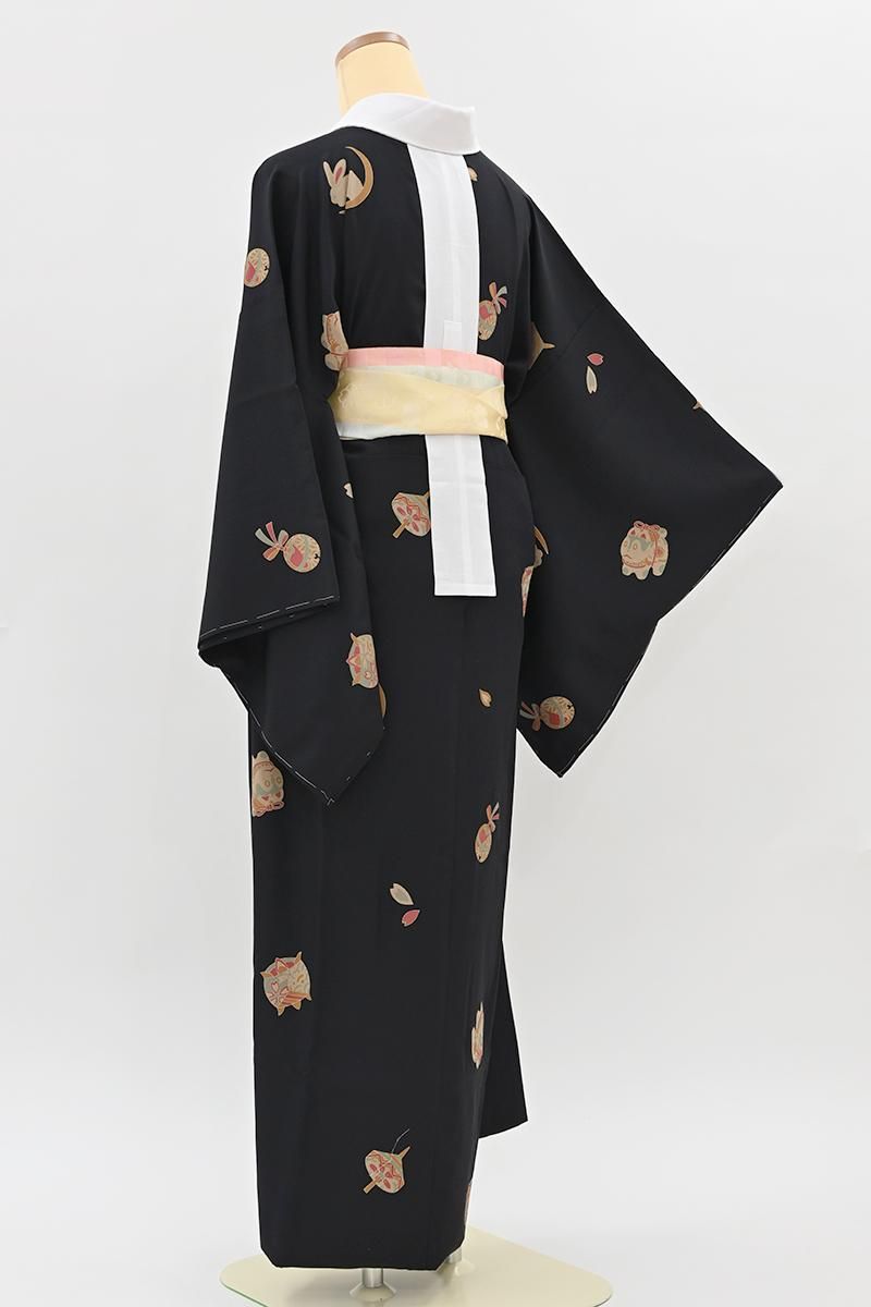 銀座【F-678】長襦袢 黒色 玩具文 :身丈128/裄67 - 銀座きもの青木