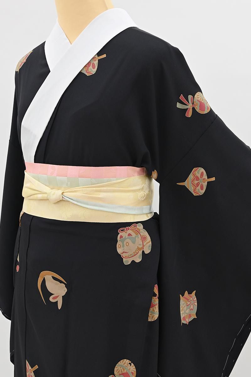 銀座【F-678】長襦袢 黒色 玩具文 :身丈128/裄67 - 銀座きもの青木