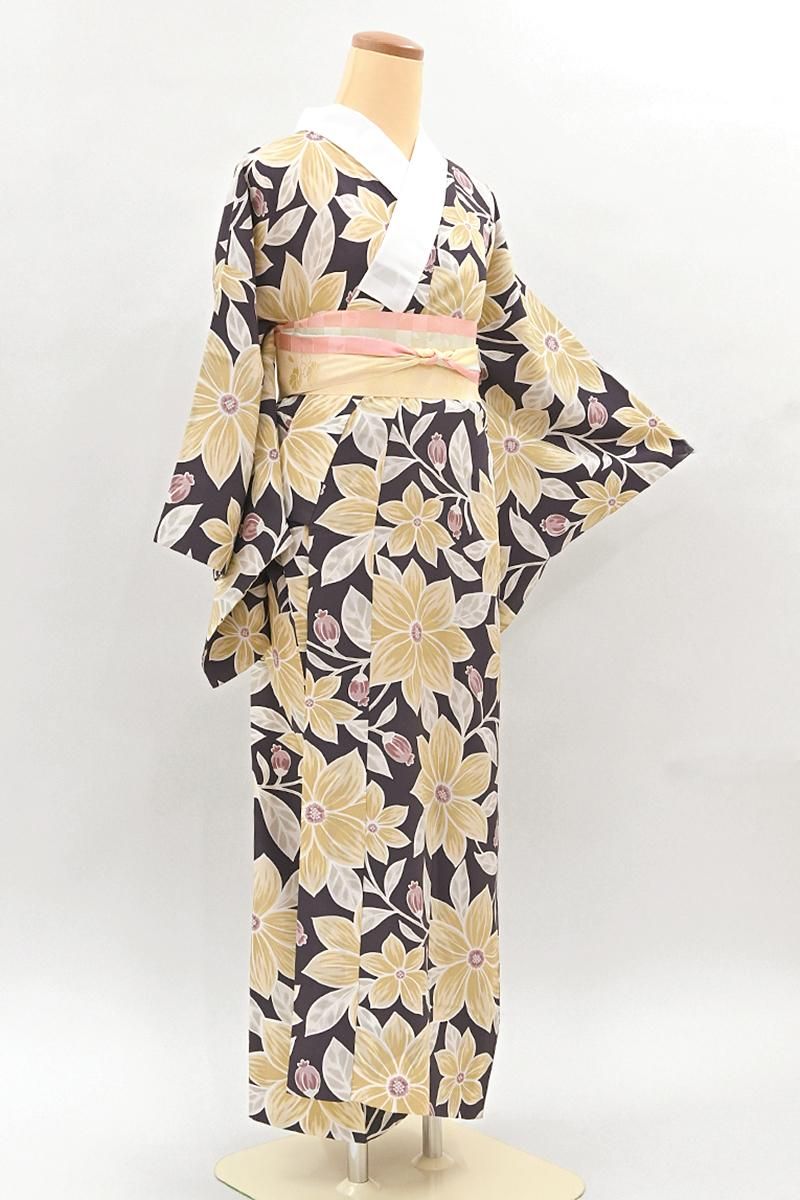 銀座【F-683】長襦袢 灰みの紺桔梗色 花実文 :身丈119.5/裄66/広め