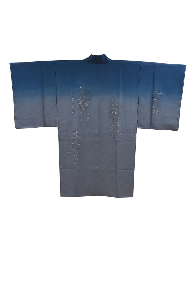 銀座【E-2385】スワトウ刺繍 道中着 紺藍色×淡い紺鼠色 松竹梅文:身丈