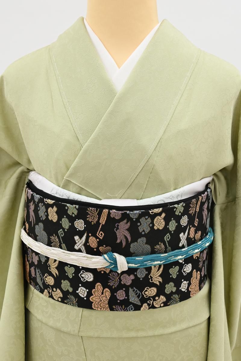 銀座【H-0924】織名古屋帯 黒色 宝尽くし文 - 銀座きもの青木｜長く