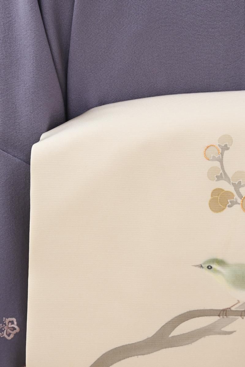 名古屋帯 塩瀬 ピンク 雲 山 鳥 花 家屋 NO-1463 銀座【H-0896】塩瀬地 染名古屋帯 生成色 梅に鶯の図 - 銀座きもの青木
