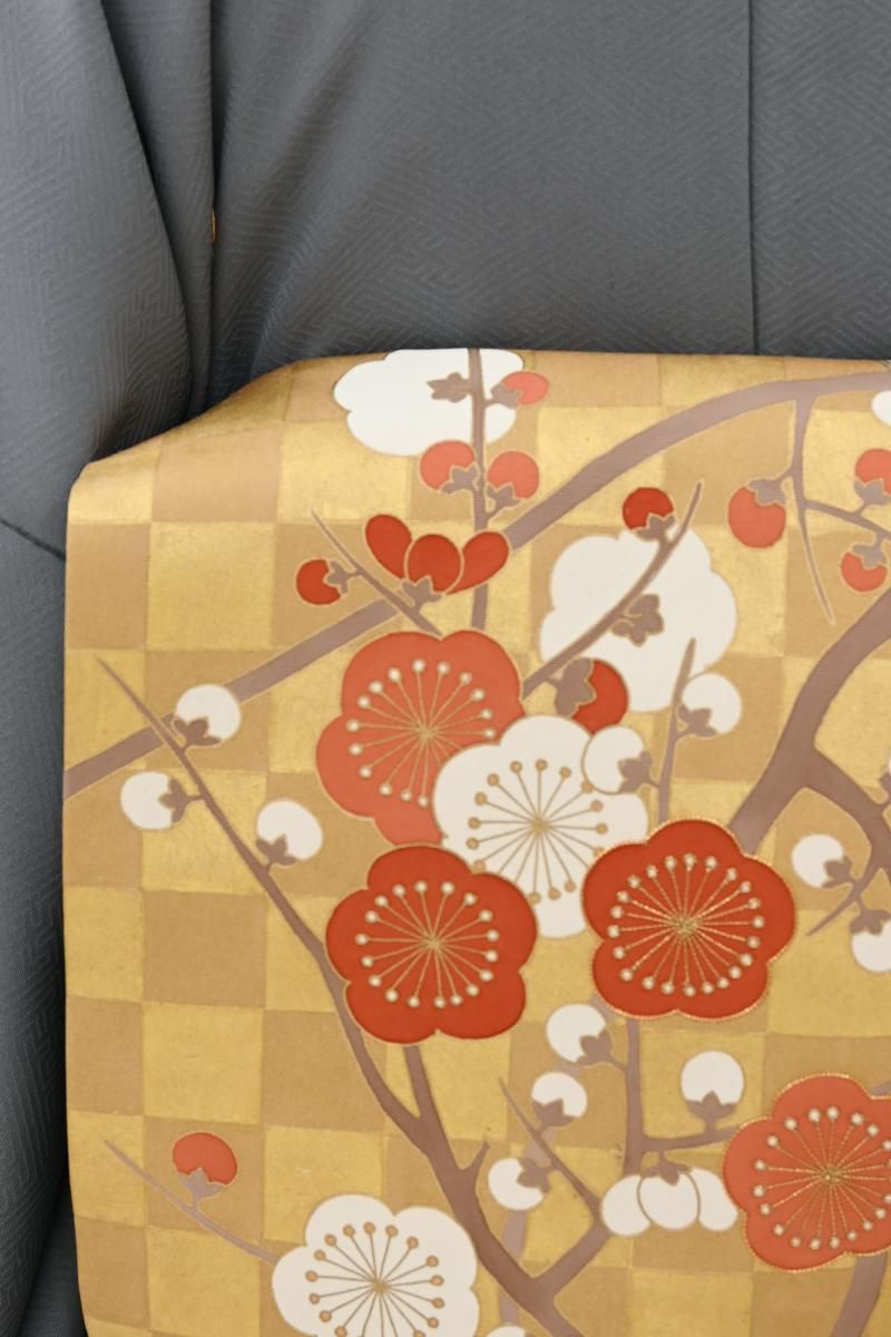 銀座【H-0898】塩瀬地 染名古屋帯 鳶色 梅の図 - 銀座きもの青木｜長く