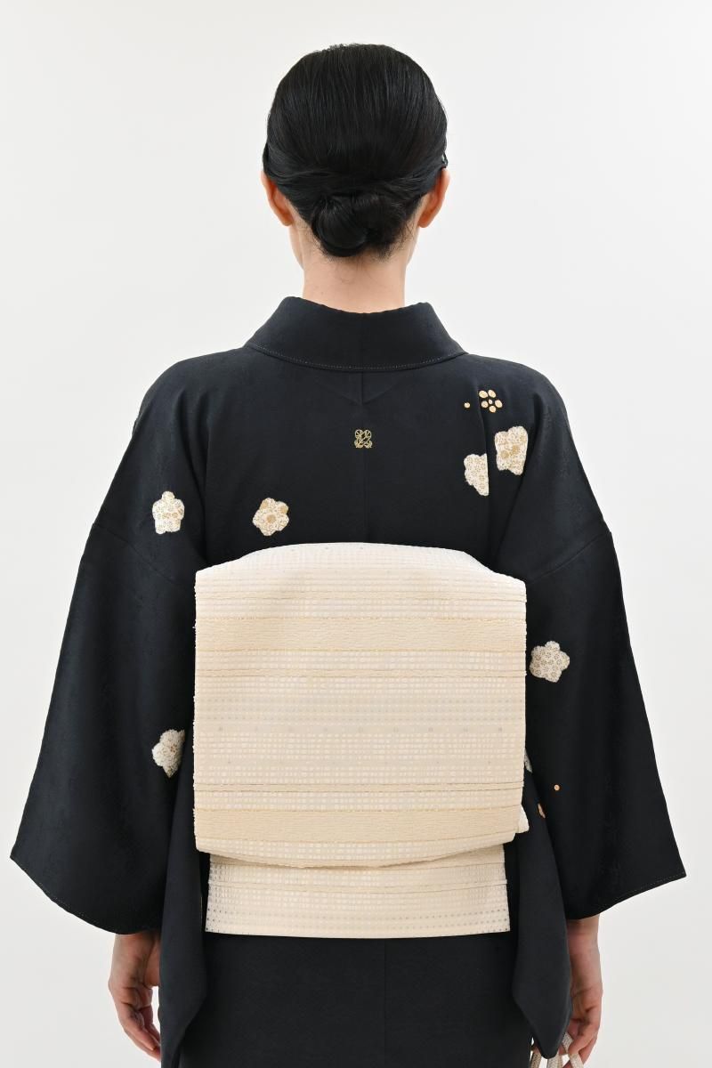 専用帯3763 ●銀座きしや扱い 織楽浅野謹製 高級 正絹 六通 袋帯 銀座【L-8616】西陣 織楽浅野製 袋帯 生成色 横段に幾何文 - 銀座