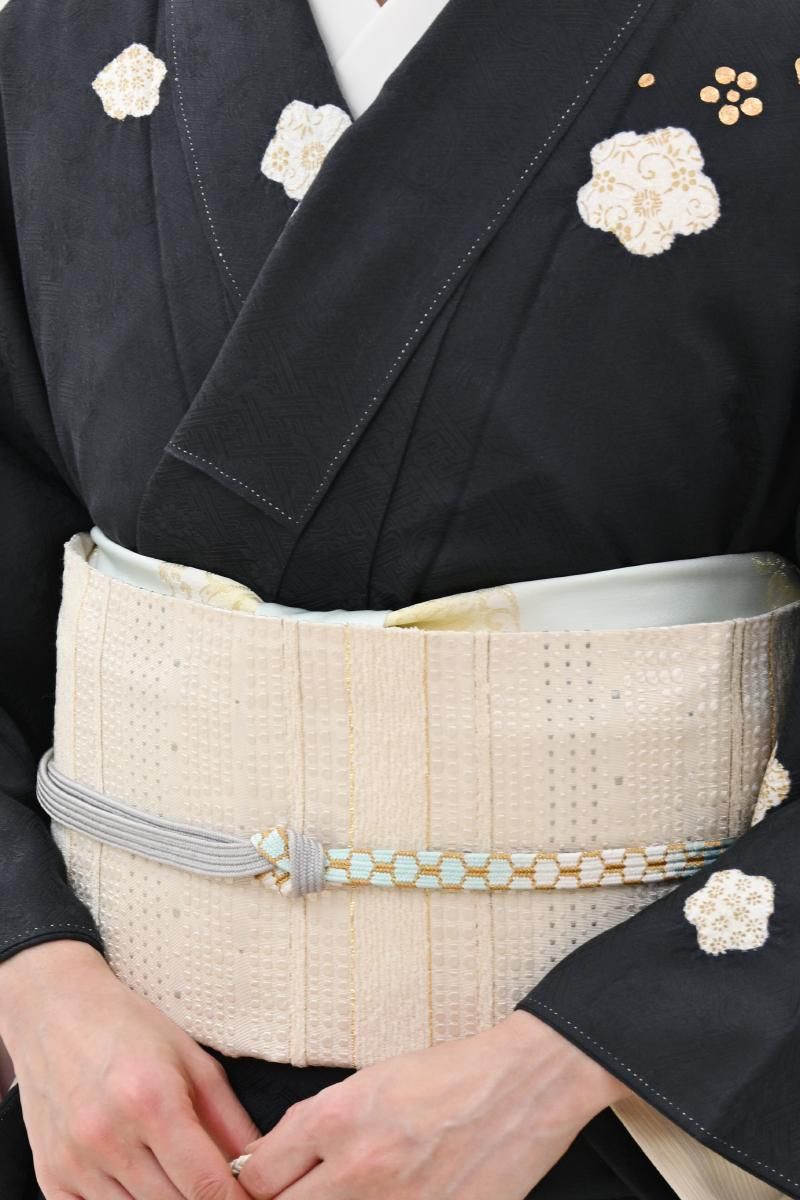 銀座【L-8616】西陣 織楽浅野製 袋帯 生成色 横段に幾何文 - 銀座