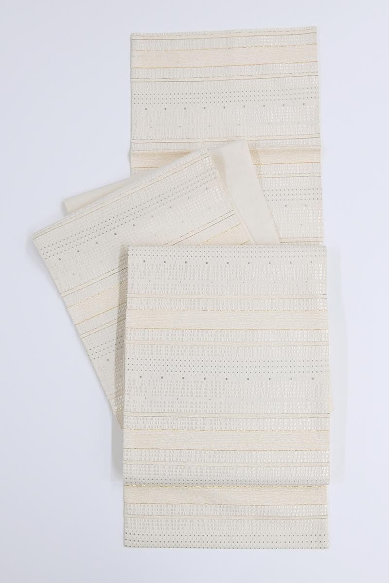 銀座【L-8616】西陣 織楽浅野製 袋帯 生成色 横段に幾何文 - 銀座