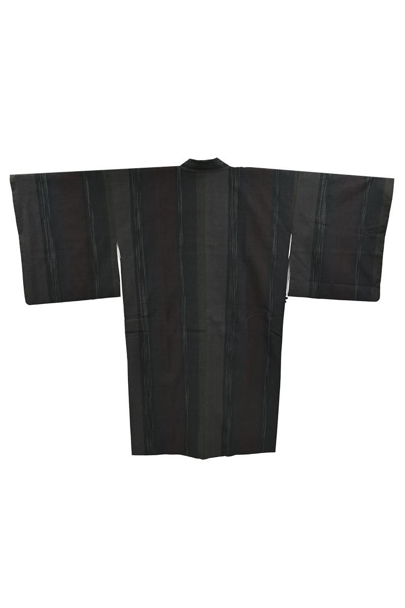 あおき【E-2390】士乎路紬 道中着 黒橡色 竪縞(反端付):身丈104.5/裄