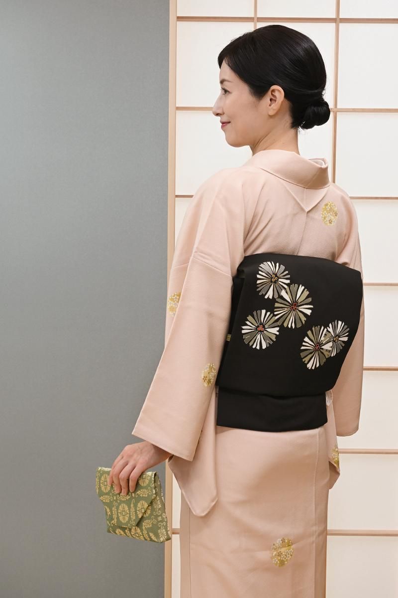 銀座【H-0899】塩瀬地 染名古屋帯 黒色 松葉文 - 銀座きもの青木｜長く