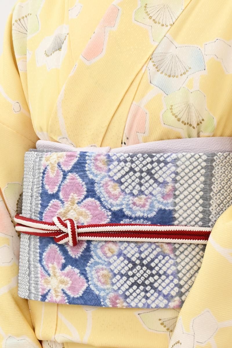 銀座【H-0920】藤娘 きぬたや製 絞り染め 名古屋帯 藤煤竹色 流線に花