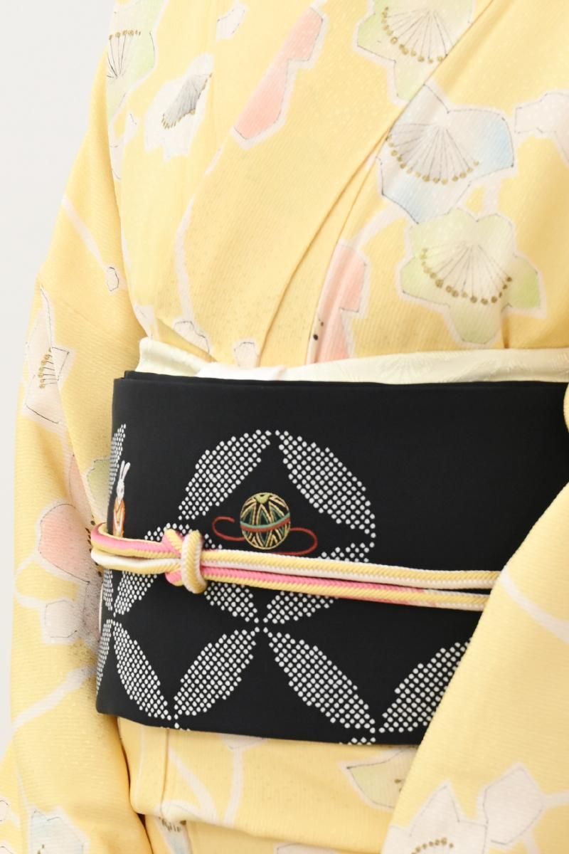 銀座【H-0921】塩瀬地 刺繍 名古屋帯 黒色 七宝に玩具の図 - 銀座