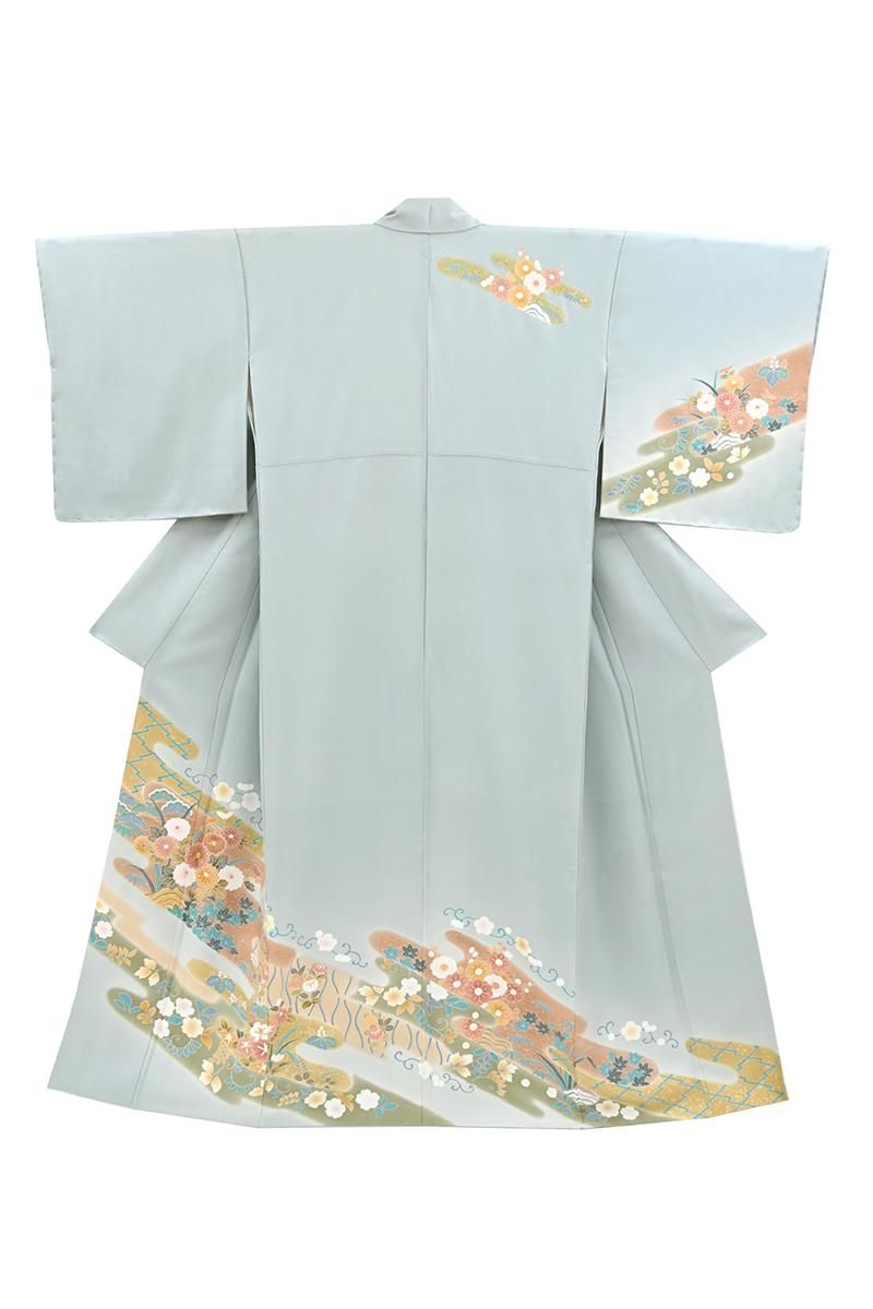 銀座【B-4394】訪問着 白銅色 ヱ霞に四季花文:身丈158/裄66/細め 銀座【B-4394】訪問着 白銅色 ヱ霞に四季花文:身丈158/裄66/細め