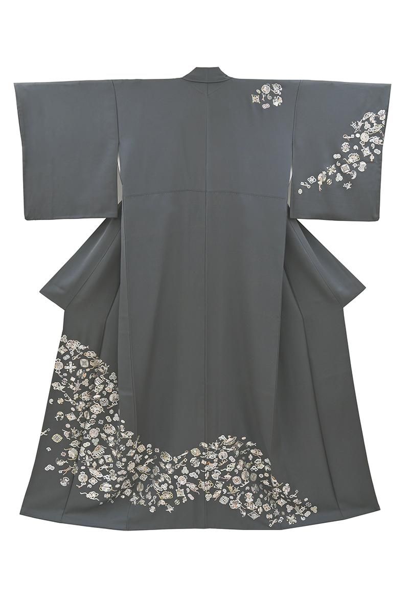 銀座【B-4397】刺繍 訪問着 青鈍色 宝尽くし文:身丈161/裄67 - 銀座