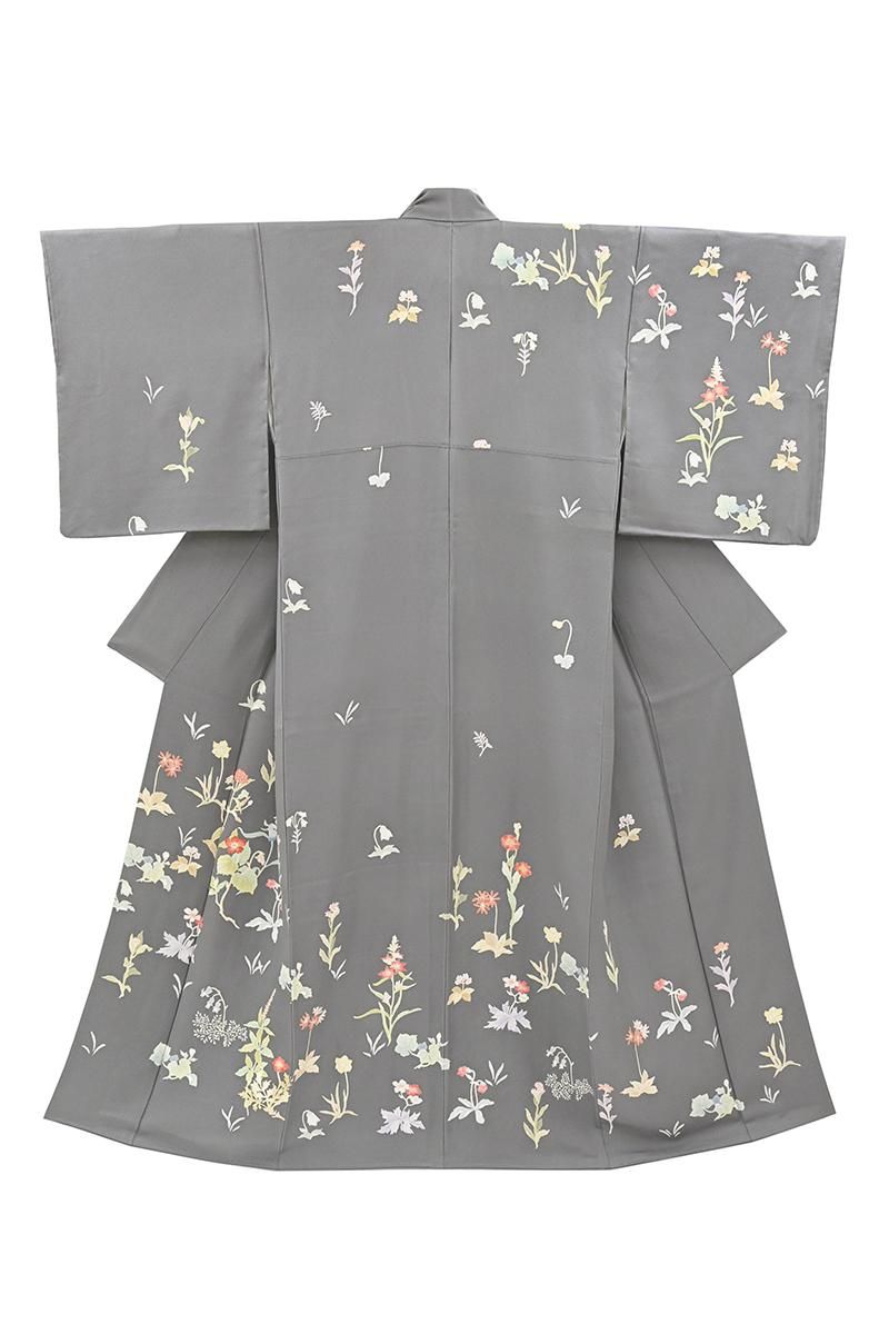 銀座【B-4398】付下げ 鉛色 野花の図:身丈158/裄65.5/細め - 銀座