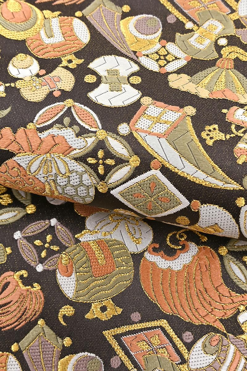 銀座【L-8578】織匠十一代目篠屋宗兵衛 袋帯 消炭色 宝尽くし文（落款