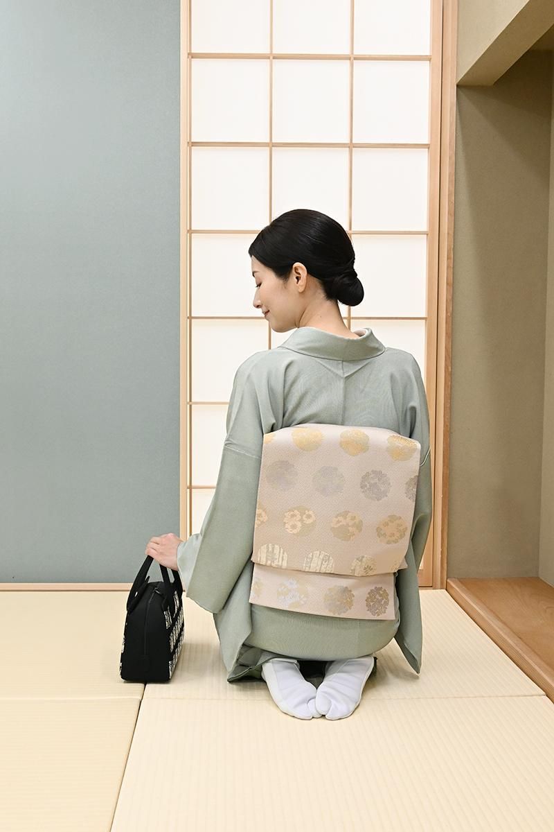 銀座【L-8650】西陣 陰山織物製 箔屋清兵衛 袋帯 亜麻色 四季花の丸