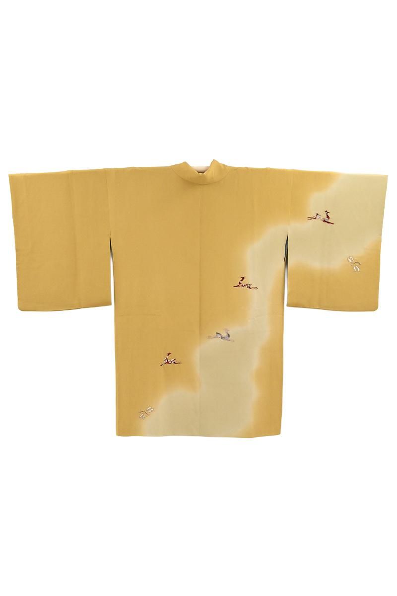 銀座【E-2425】縮緬地 絞り染め 道中着 芥子色 鹿や蜻蛉の図 :身丈90