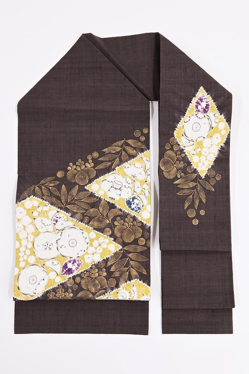 銀座【H-0946】森健持作 紬地 染名古屋帯 深い紫鳶色 松皮菱に辻が花文