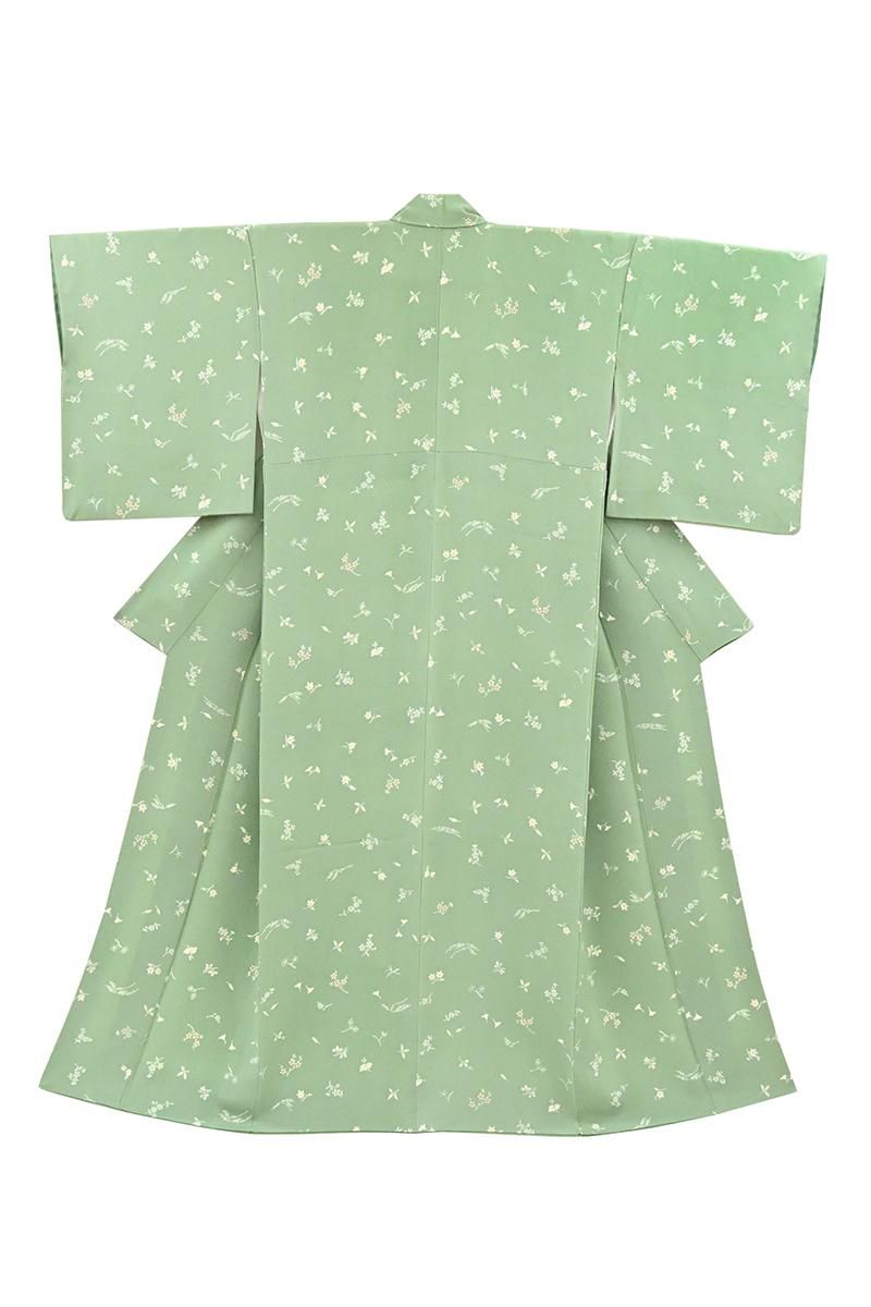 銀座【D-3997】縮緬地 小紋 山葵色 四季花文（ゑり善扱い） :身丈155.5