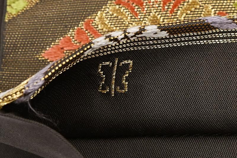 銀座【L-8699】西陣 川島織物製 本袋帯 海松茶色 花菱文（落款入