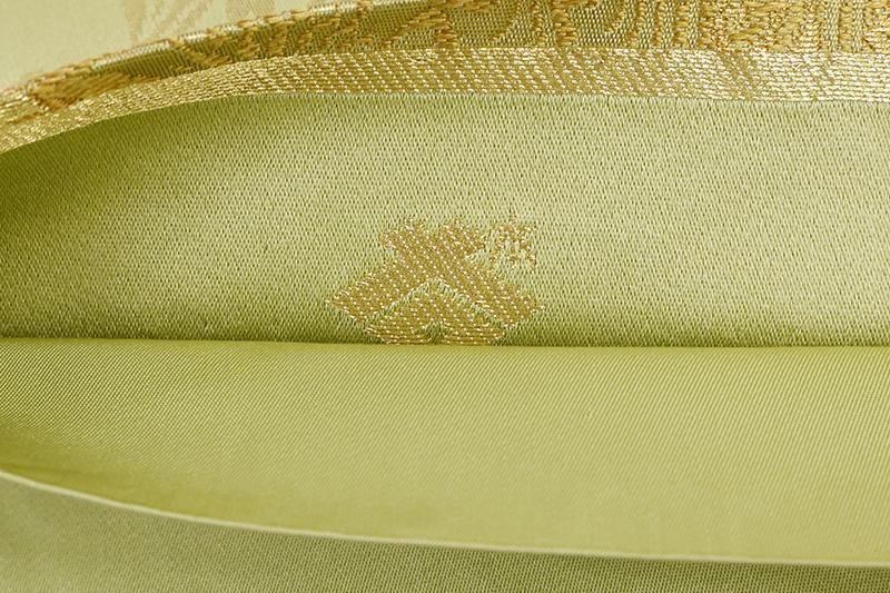 銀座【L-8714】西陣 本家加納製 袋帯 淡い梅幸茶色 裂取りに唐花文