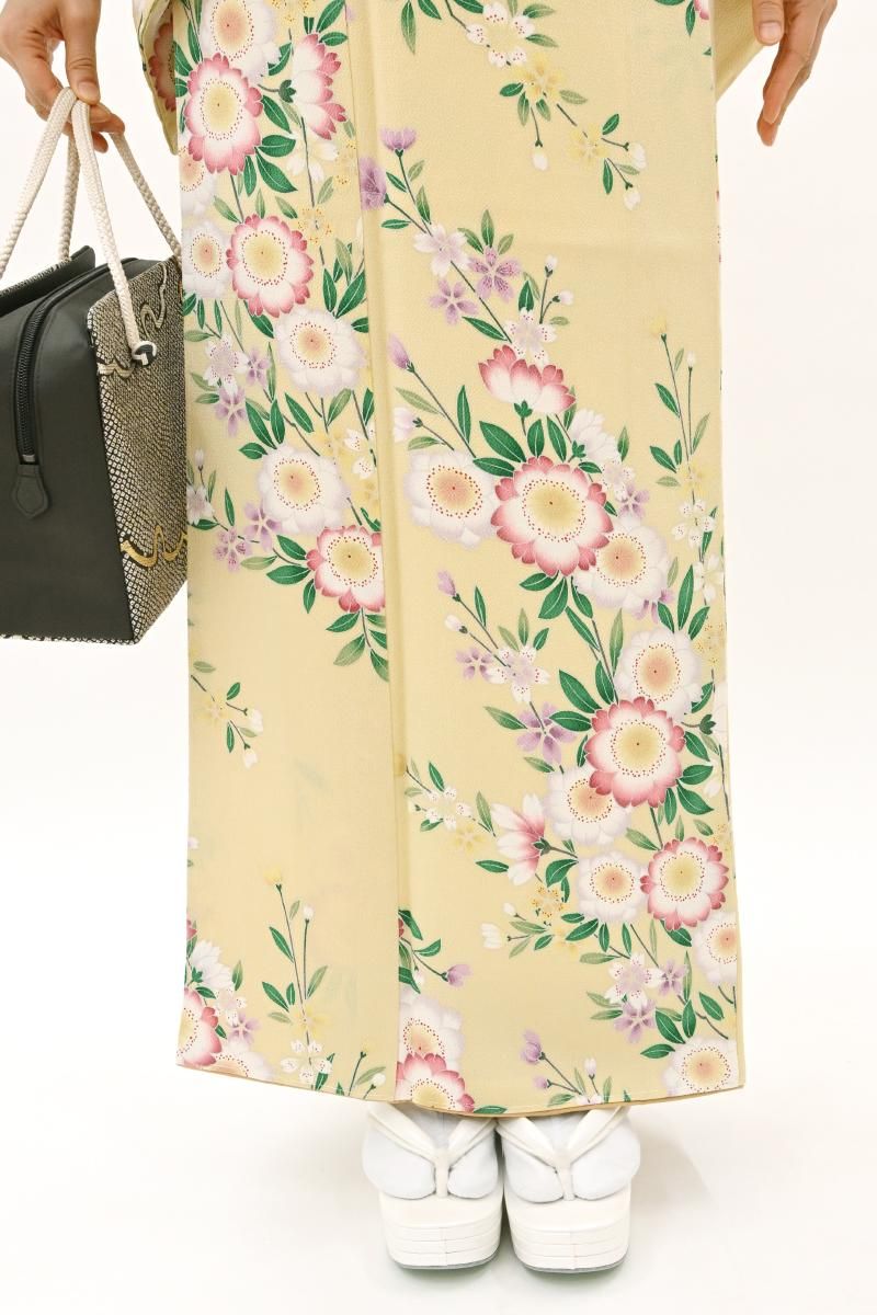 銀座【D-4003】縮緬地 小紋 砥粉色 桜の枝花の図 :身丈156.5/裄66