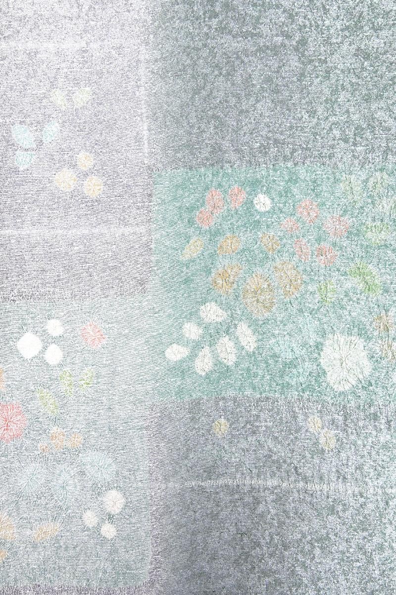 銀座【L-8742】白山工房製 牛首紬地 洒落袋帯 浅葱鼠色 変わり段の花文