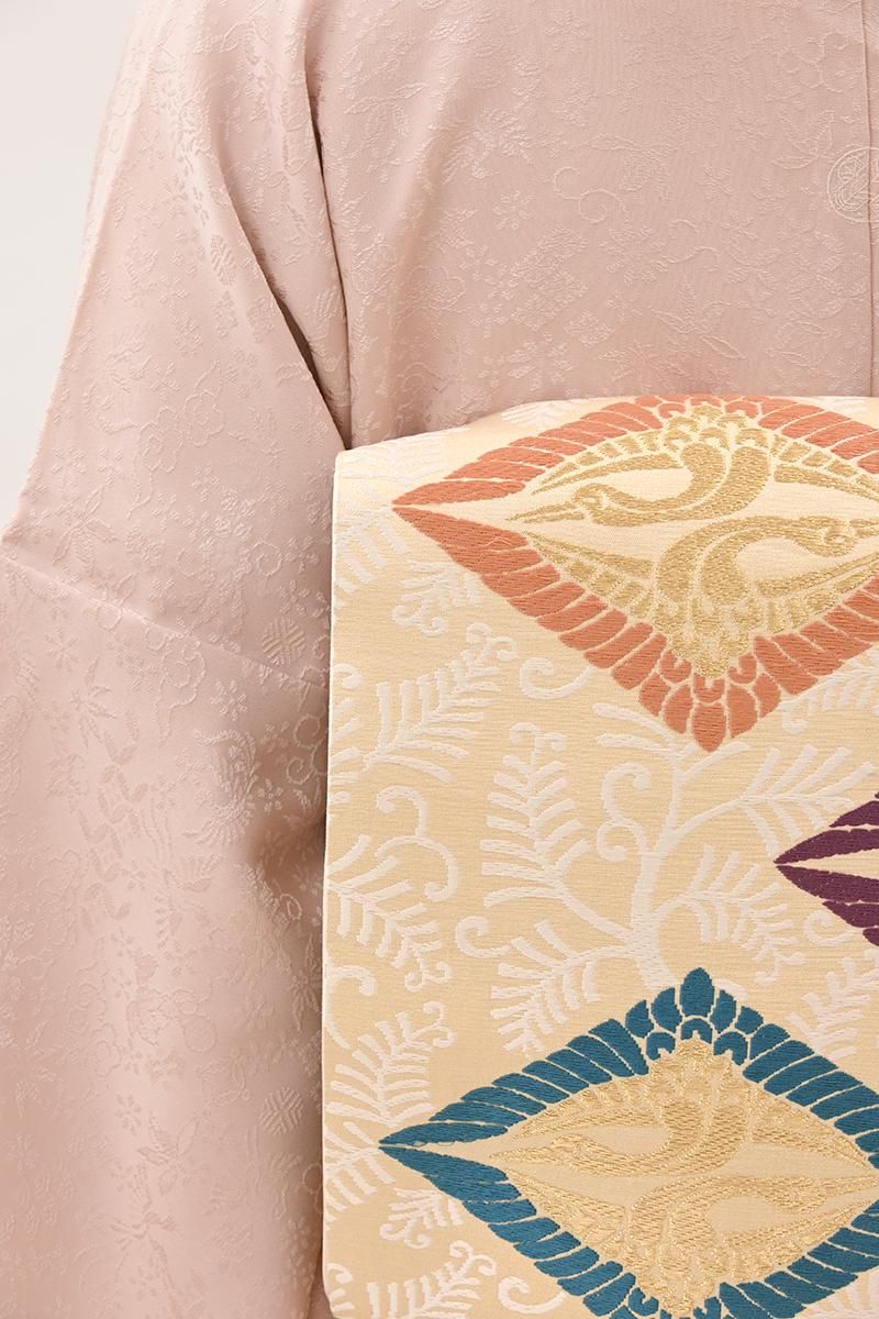 あおき【L-8747】人間国宝 喜多川俵二作 袋帯 浅黄色 向かい鶴菱文