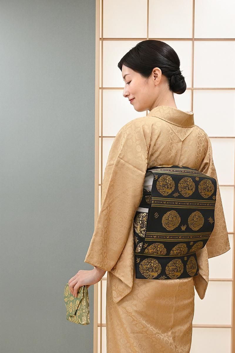 あおき【L-8753】西陣製 伝統工芸士 小笹宏風 袋帯 黒色 横段に鳳凰