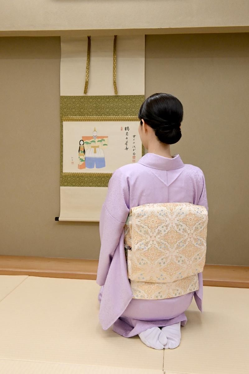 銀座【L-8754】本袋帯 生成色 七宝花王文（落款入） - 銀座きもの青木