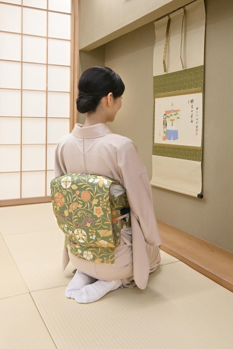 銀座【L-8748】人間国宝 喜多川俵二作 袋帯 青丹色 花唐草文 - 銀座