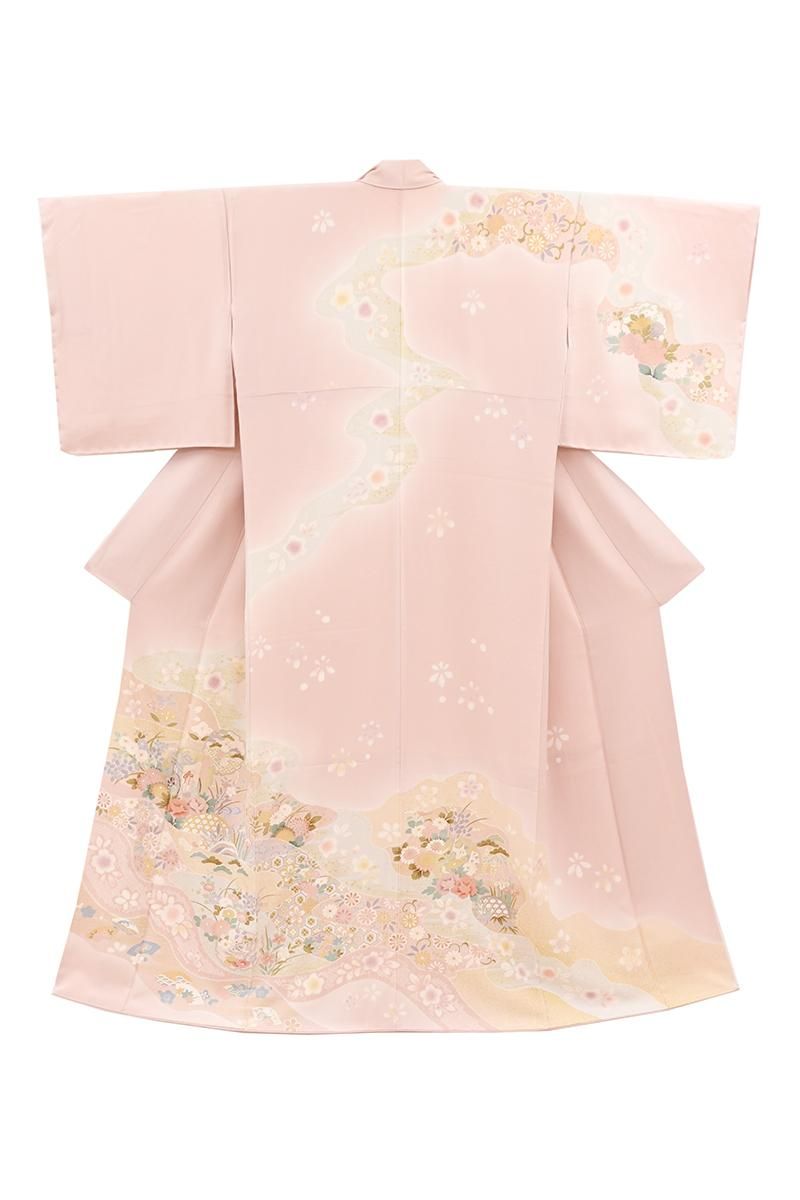 銀座【B-4471】訪問着 乙女色 道長取りに御所車や四季花など:身丈165.5