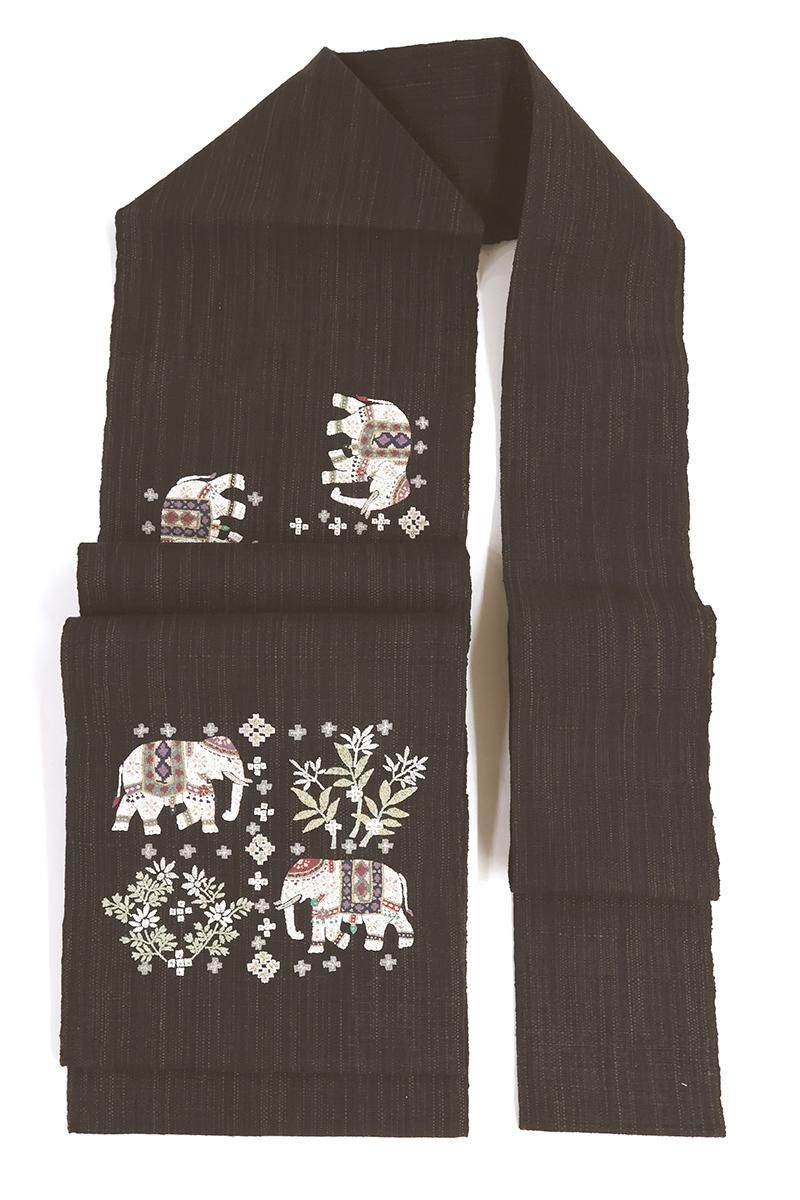 銀座【H-1118】夏紬地 相良刺繍 八寸名古屋帯 黒色 象の図 - 銀座
