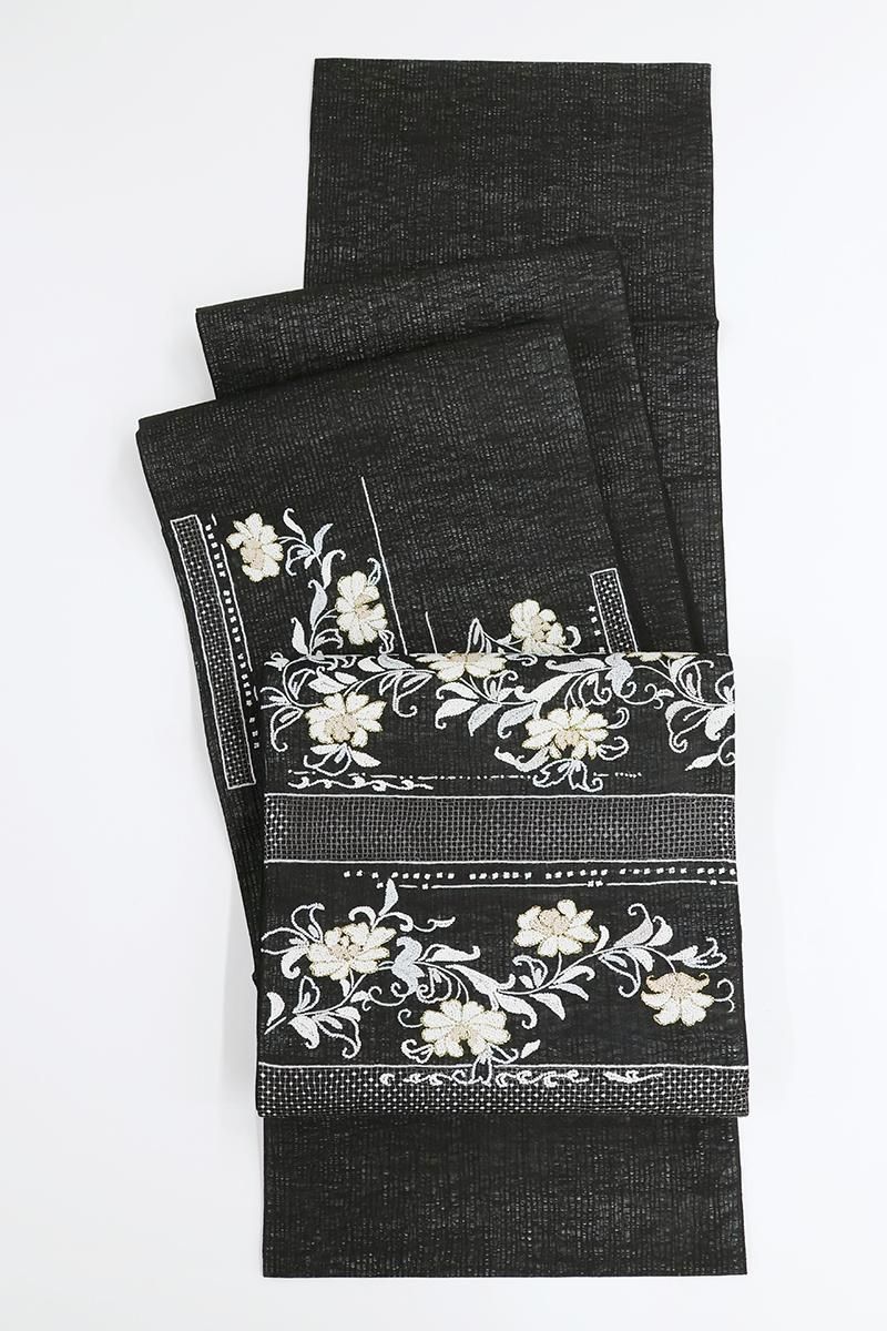 銀座【L-8861】夏 相良刺繍 袋帯 薄黒色 花唐草文 - 銀座きもの青木