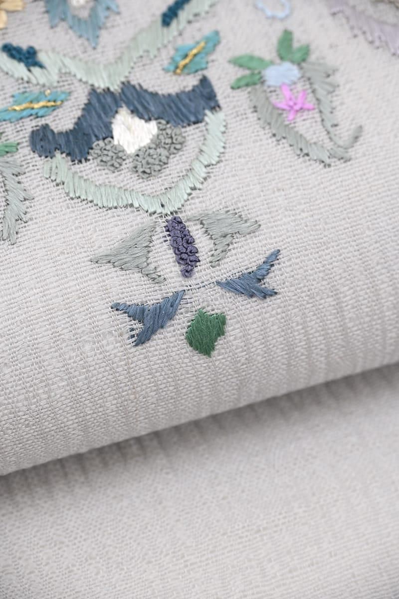 銀座【帯5999】貴久樹製 刺繍 袋帯 灰青色 唐花文（証紙付） - 銀座
