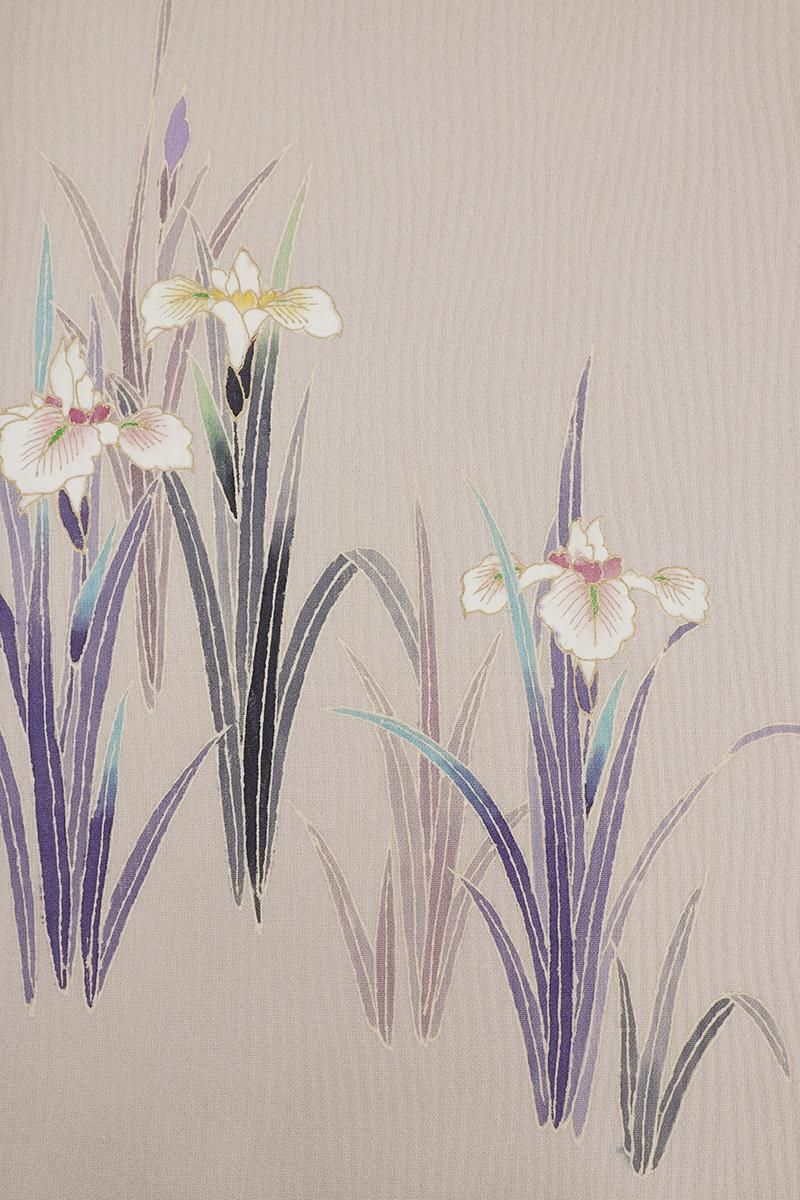 銀座【B-4561】単衣 付下げ 亜麻色 花菖蒲の図（反端付）（N） :身丈